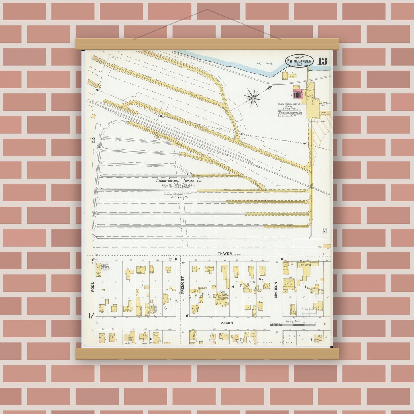 Old map wall art mockup — magnetic wood frame on brick wall — Sanborn Fire Insurance Map from Rhinelander, Oneida County, Wisconsin (1900), Sheet #0013