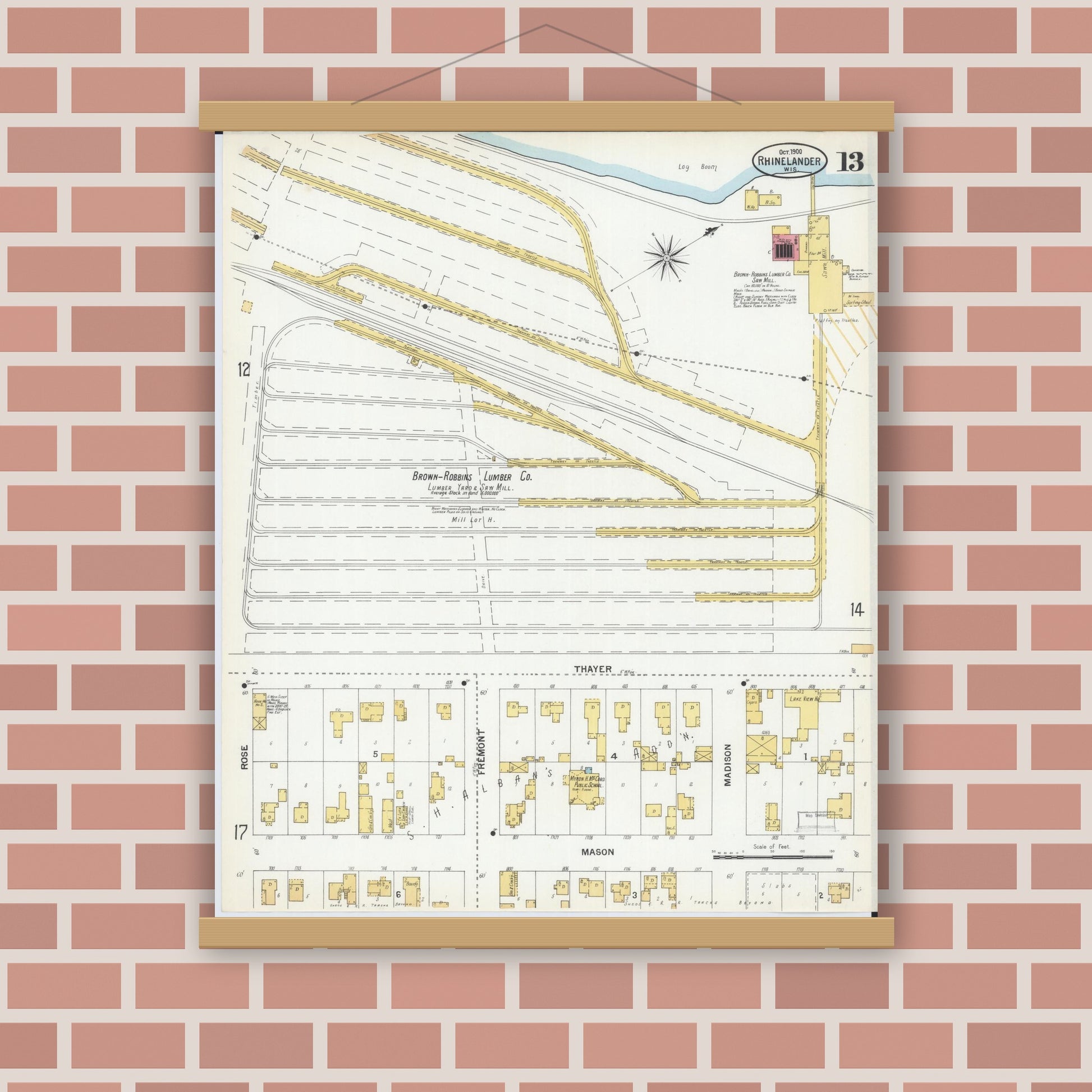 Old map wall art mockup — magnetic wood frame on brick wall — Sanborn Fire Insurance Map from Rhinelander, Oneida County, Wisconsin (1900), Sheet #0013
