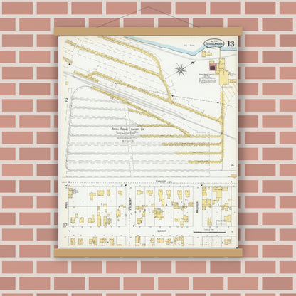 Old map wall art mockup — magnetic wood frame on brick wall — Sanborn Fire Insurance Map from Rhinelander, Oneida County, Wisconsin (1900), Sheet #0013