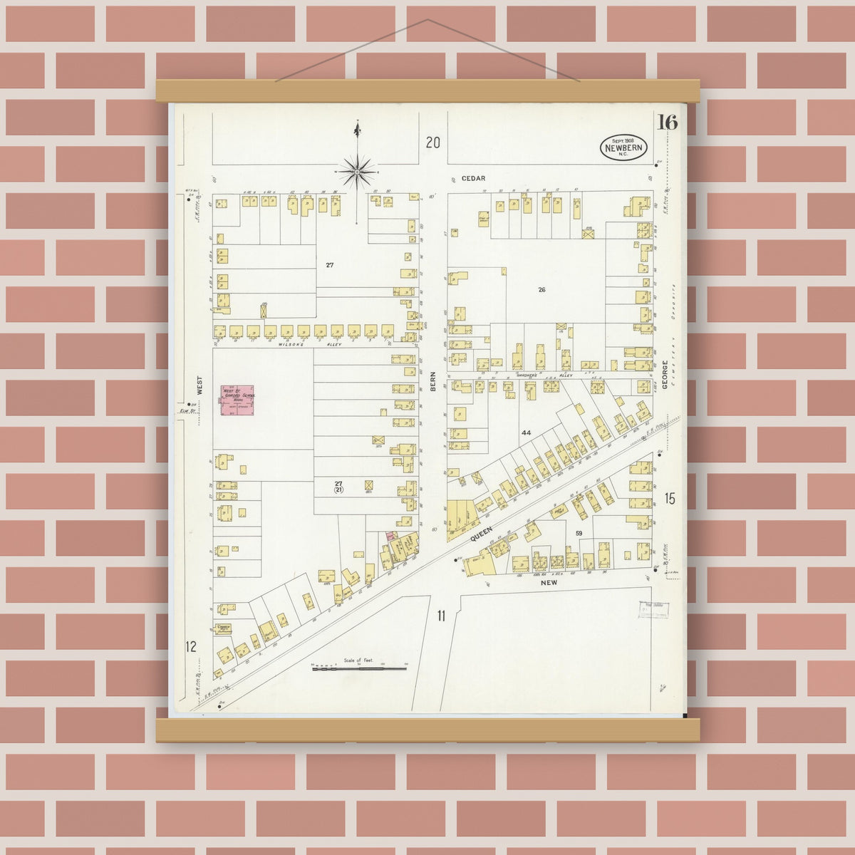 Old map wall art mockup — magnetic wood frame on brick wall — Sanborn Fire Insurance Map from New Bern, Craven County, North Carolina (1908), Sheet #0016