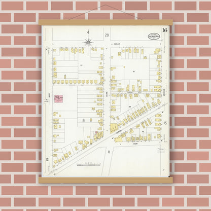 Old map wall art mockup — magnetic wood frame on brick wall — Sanborn Fire Insurance Map from New Bern, Craven County, North Carolina (1908), Sheet #0016