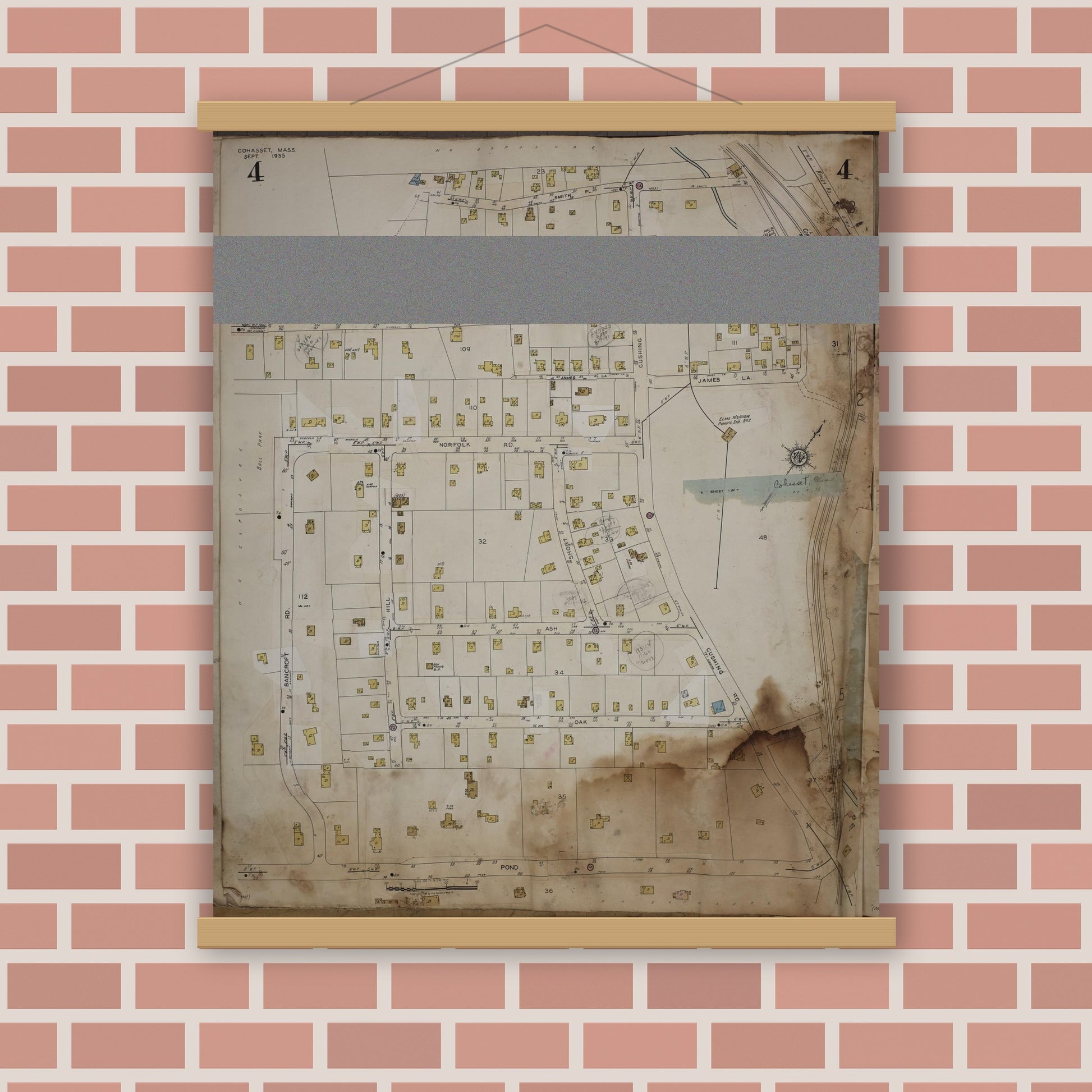 Old map wall art mockup — magnetic wood frame on brick wall — Sanborn Fire Insurance Map from Cohasset, Norfolk County, Massachusetts (1963), Sheet #0004