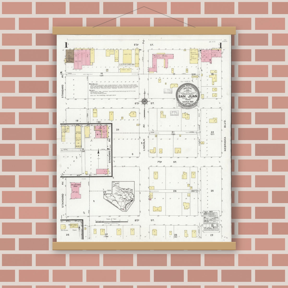 Old map wall art mockup — magnetic wood frame on brick wall — Sanborn Fire Insurance Map from San Juan, Hidalgo County, Texas (1925) - Complete Map Set
