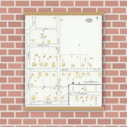 Old map wall art mockup — magnetic wood frame on brick wall — Sanborn Fire Insurance Map from Plano, Collin County, Texas (1921), Sheet #0007