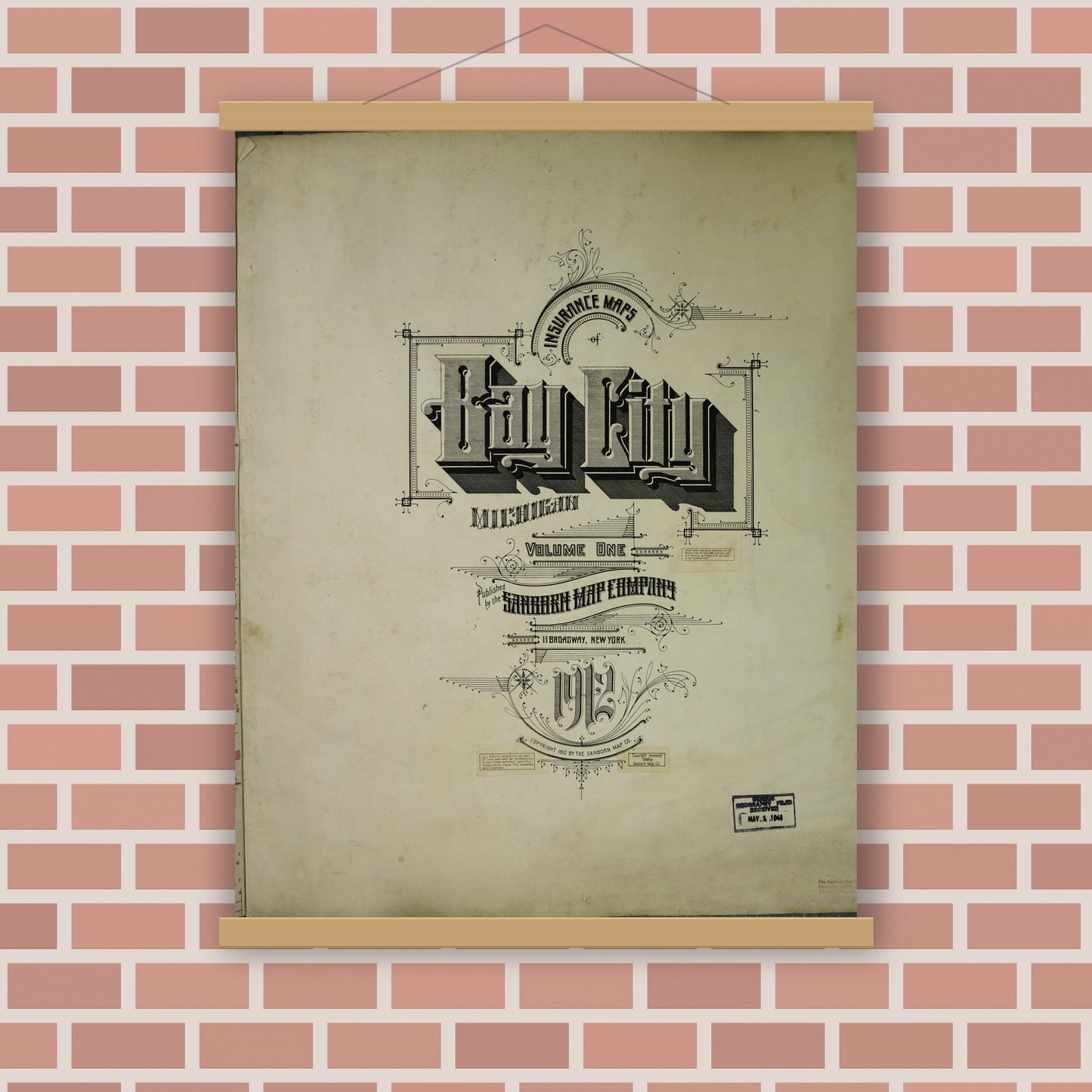 Old map wall art mockup — magnetic wood frame on brick wall — Sanborn Fire Insurance Map from Bay City, Bay County, Michigan (1950), Sheet #0001