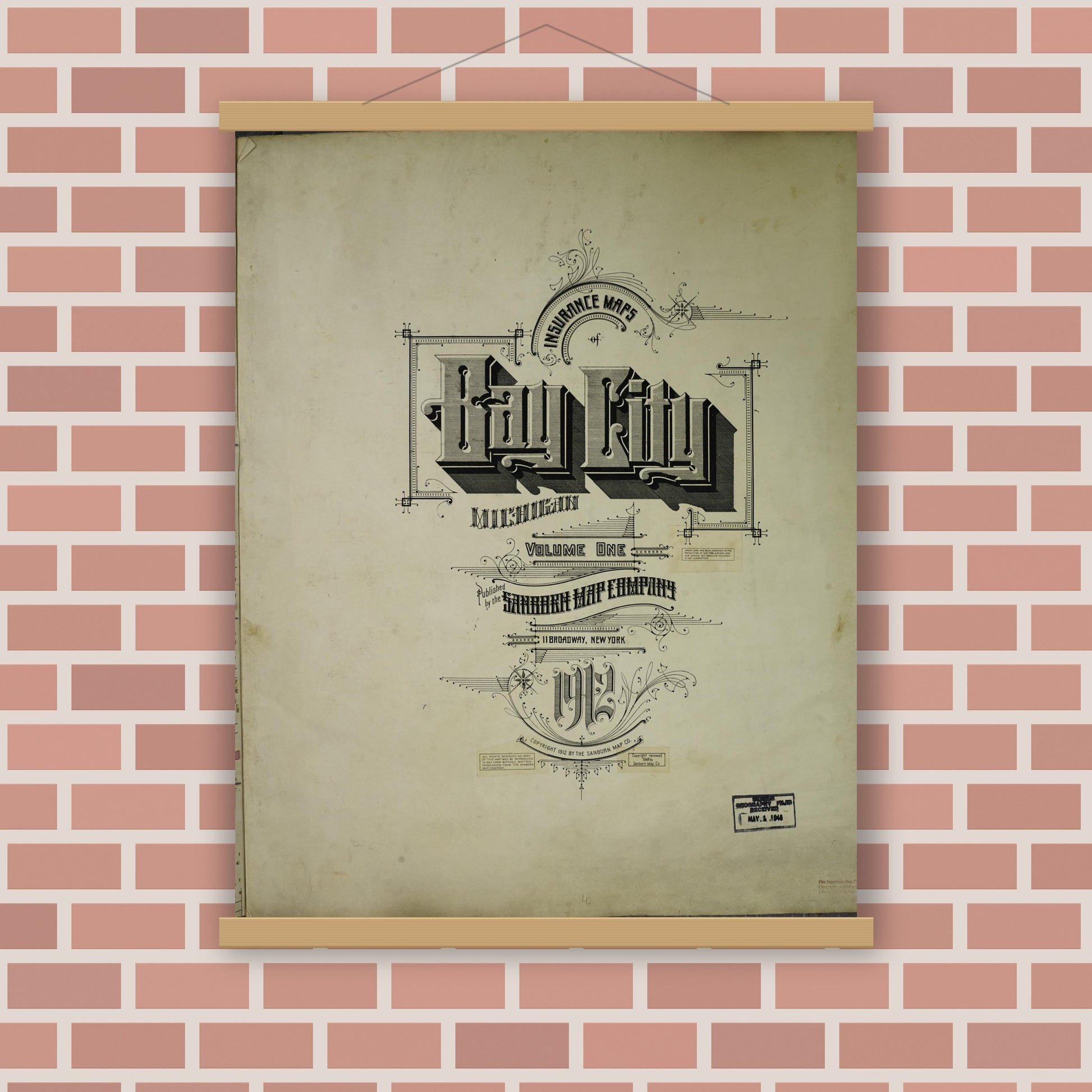 Old map wall art mockup — magnetic wood frame on brick wall — Sanborn Fire Insurance Map from Bay City, Bay County, Michigan (1950), Sheet #0001