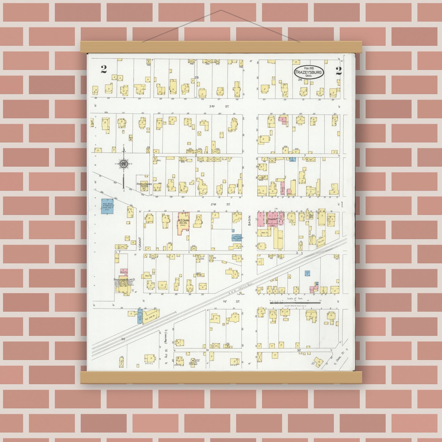 Old map wall art mockup — magnetic wood frame on brick wall — Sanborn Fire Insurance Map from Frazeysburg, Muskingum County, Ohio (1928), Sheet #0002