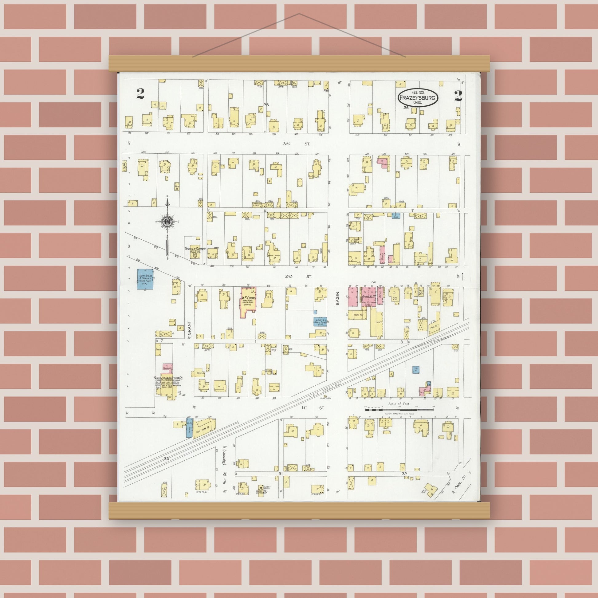 Old map wall art mockup — magnetic wood frame on brick wall — Sanborn Fire Insurance Map from Frazeysburg, Muskingum County, Ohio (1928), Sheet #0002