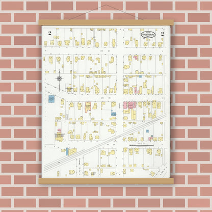 Old map wall art mockup — magnetic wood frame on brick wall — Sanborn Fire Insurance Map from Frazeysburg, Muskingum County, Ohio (1928), Sheet #0002