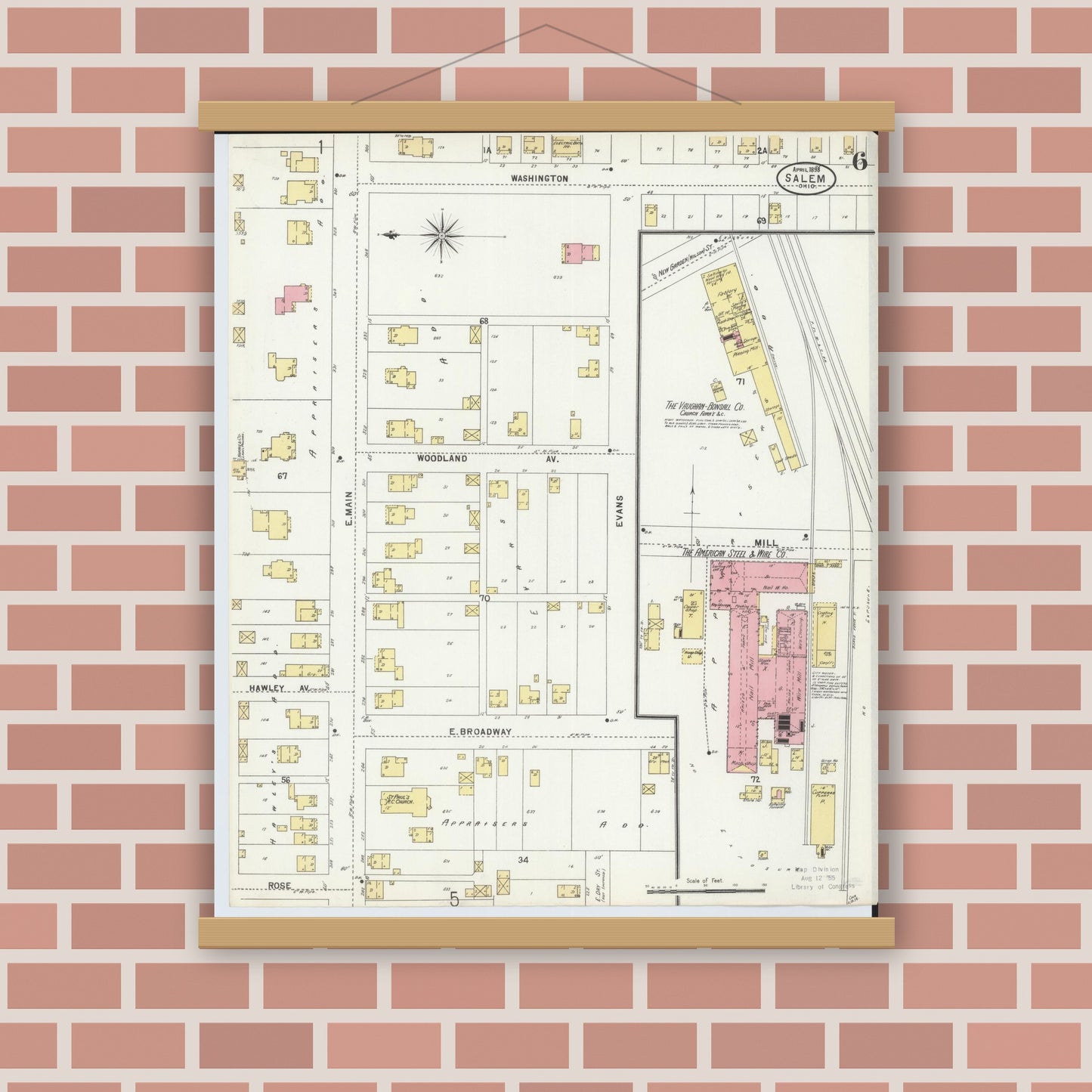 Old map wall art mockup — magnetic wood frame on brick wall — Sanborn Fire Insurance Map from Salem, Columbiana County, Ohio (1898), Sheet #0006
