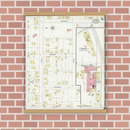 Old map wall art mockup — magnetic wood frame on brick wall — Sanborn Fire Insurance Map from Salem, Columbiana County, Ohio (1898), Sheet #0006