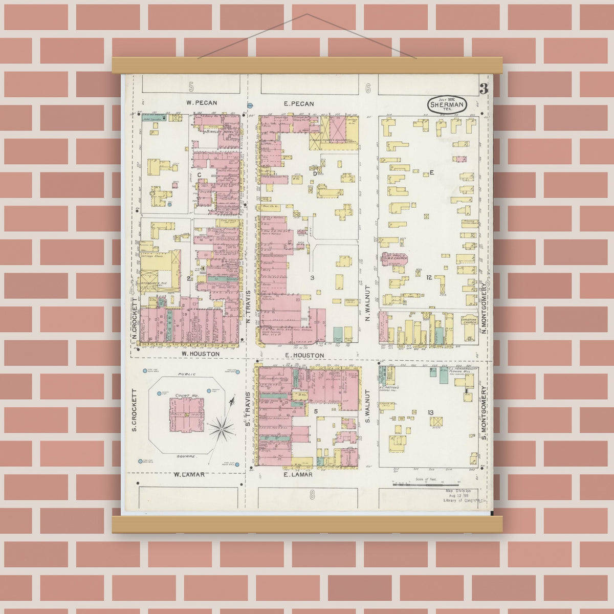 Old map wall art mockup — magnetic wood frame on brick wall — Sanborn Fire Insurance Map from Sherman, Grayson County, Texas (1892), Sheet #0003