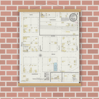 Old map wall art mockup — magnetic wood frame on brick wall — Sanborn Fire Insurance Map from Taylor, Williamson County, Texas (1889), Sheet #0001