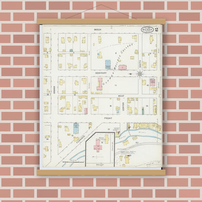 Old map wall art mockup — magnetic wood frame on brick wall — Sanborn Fire Insurance Map from Berea, Cuyahoga County, Ohio (1893), Sheet #0002