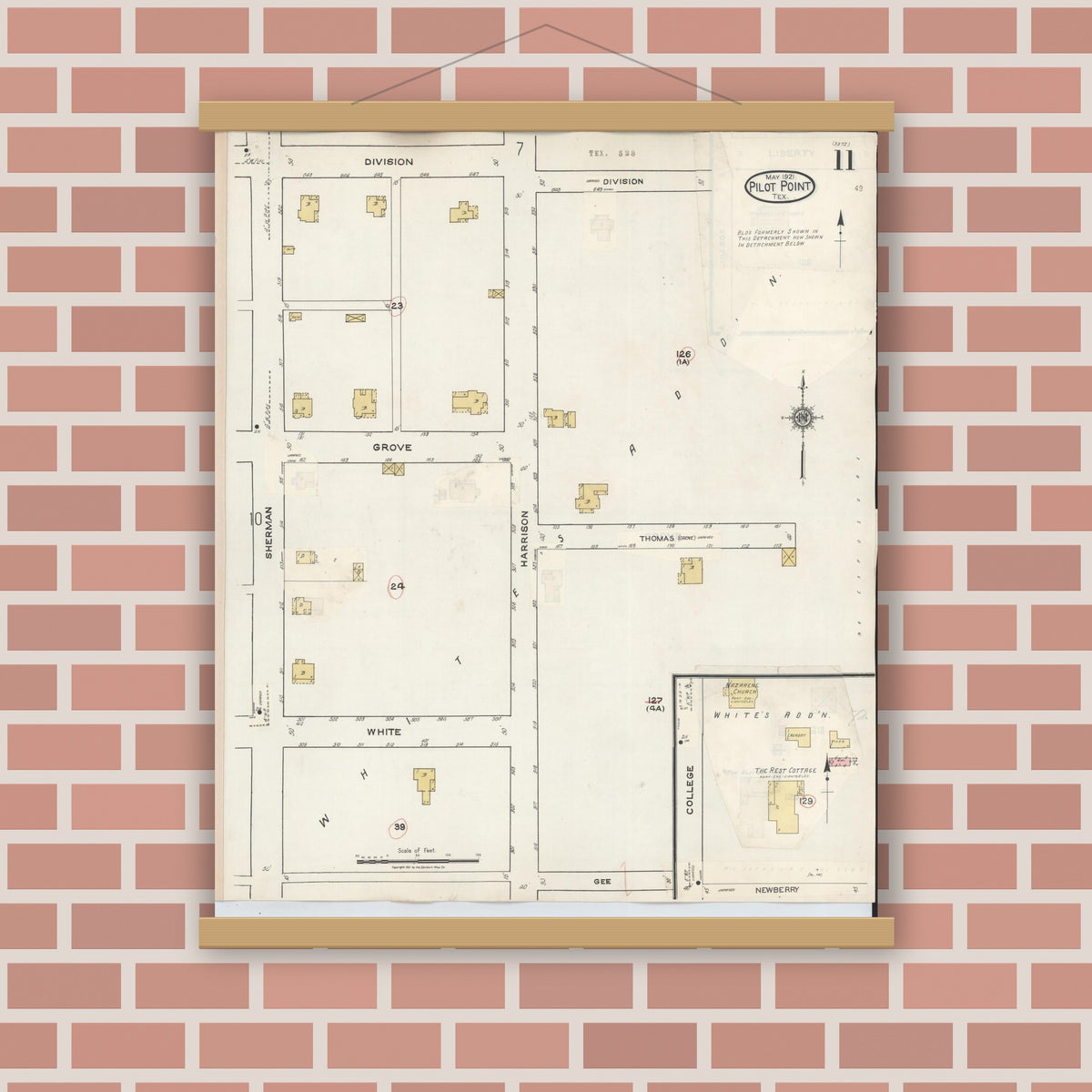 Old map wall art mockup — magnetic wood frame on brick wall — Sanborn Fire Insurance Map from Pilot Point, Denton County, Texas (1940), Sheet #0011