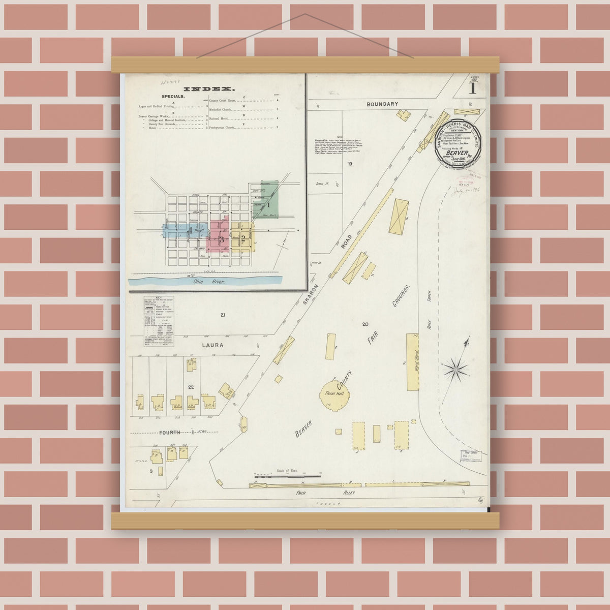 Old map wall art mockup — magnetic wood frame on brick wall — Sanborn Fire Insurance Map from Beaver, Beaver County, Pennsylvania (1896) - Complete Map Set
