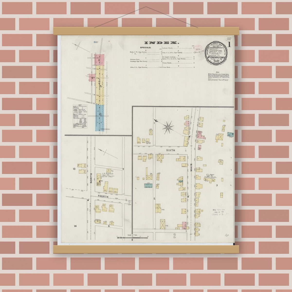 Old map wall art mockup — magnetic wood frame on brick wall — Sanborn Fire Insurance Map from McSherrystown, Adams County, Pennsylvania (1894) - Complete Map Set