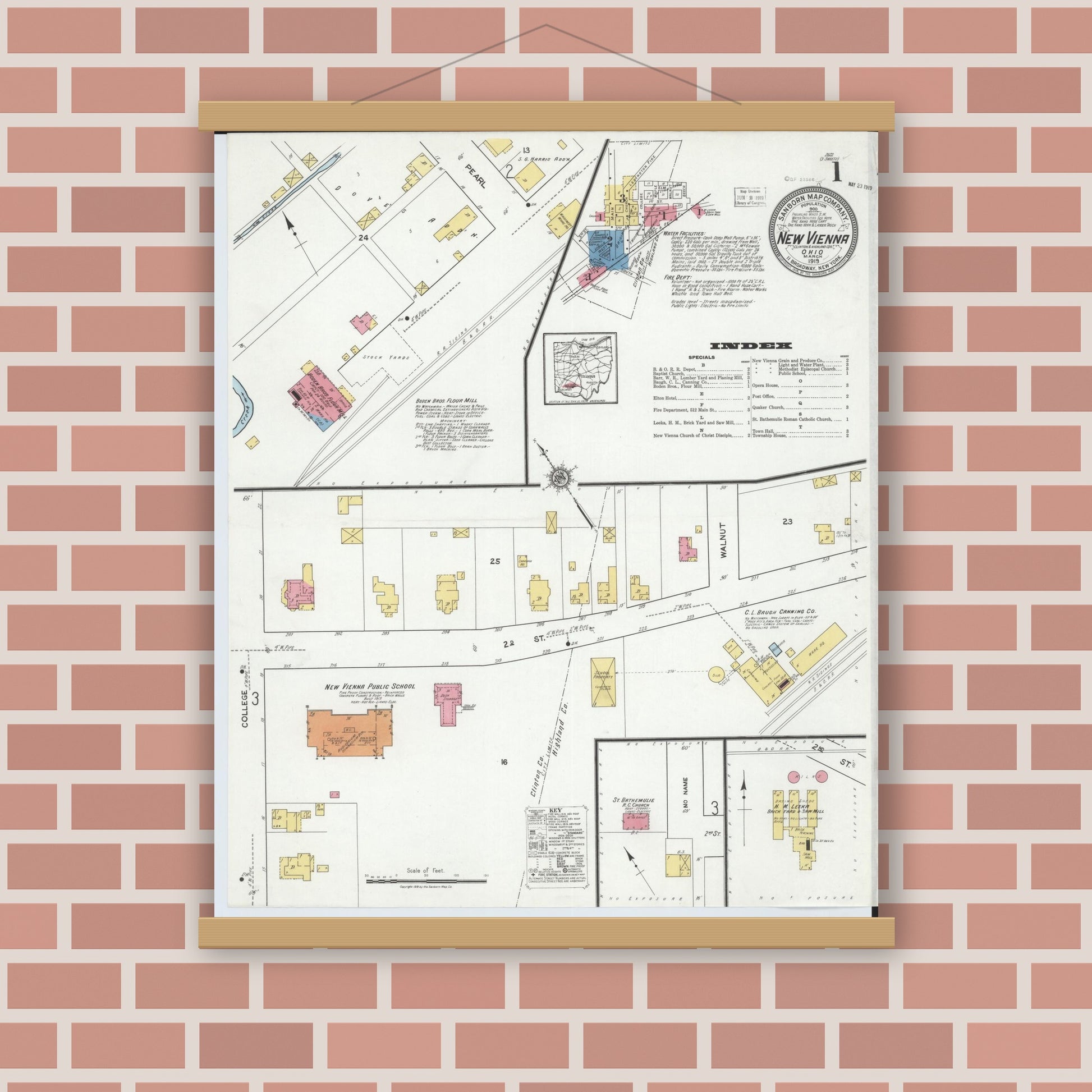 Old map wall art mockup — magnetic wood frame on brick wall — Sanborn Fire Insurance Map from New Vienna, Clinton County, Ohio (1919) - Complete Map Set