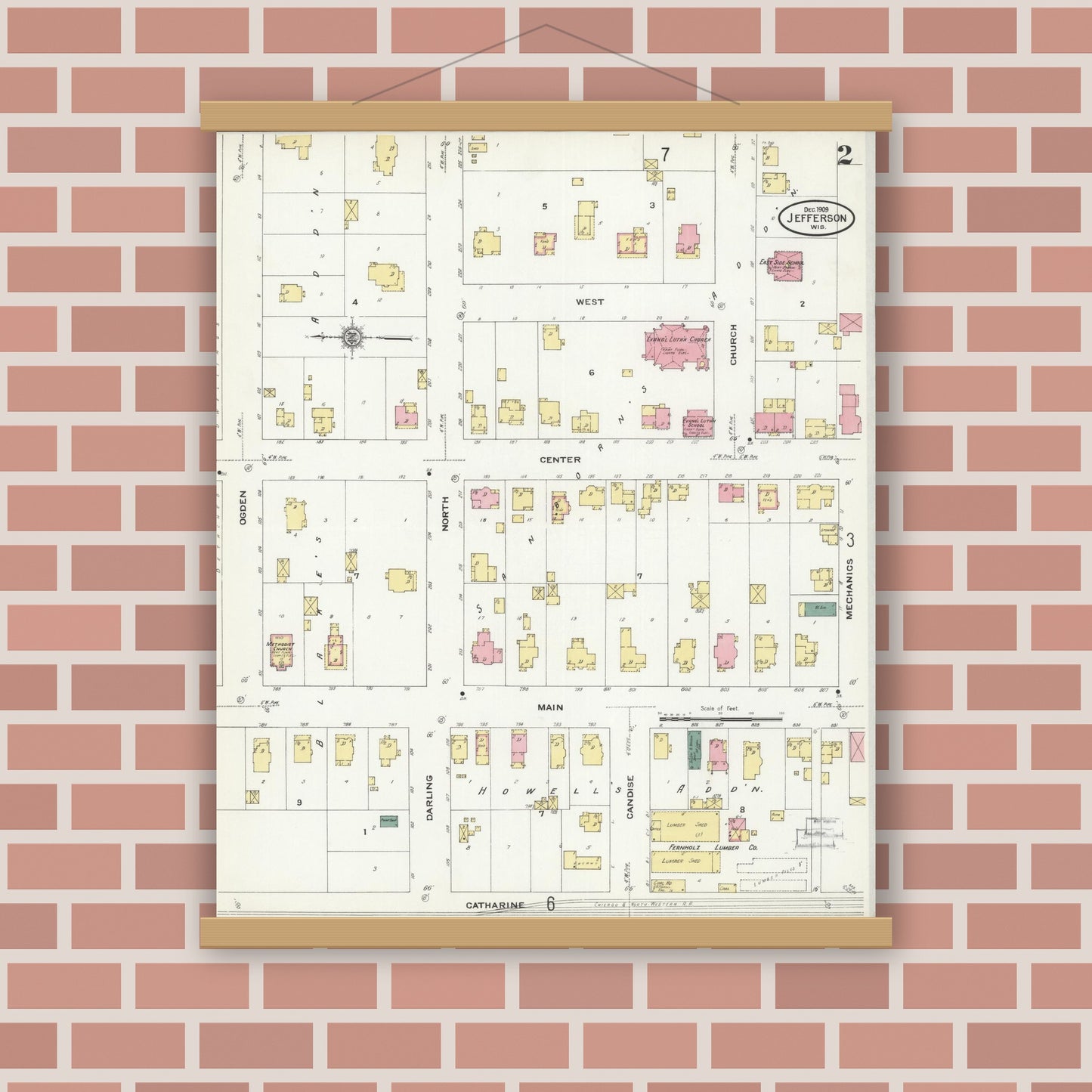Old map wall art mockup — magnetic wood frame on brick wall — Sanborn Fire Insurance Map from Jefferson, Jefferson County, Wisconsin (1909), Sheet #0002