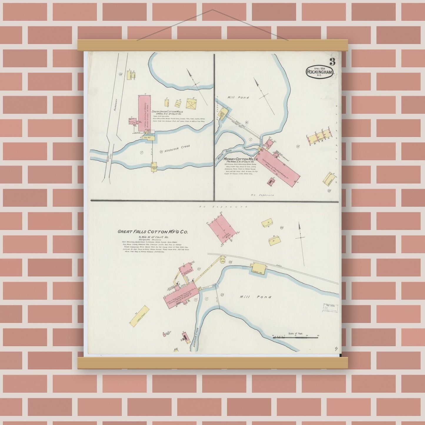 Old map wall art mockup — magnetic wood frame on brick wall — Sanborn Fire Insurance Map from Rockingham, Richmond County, North Carolina (1894), Sheet #0003