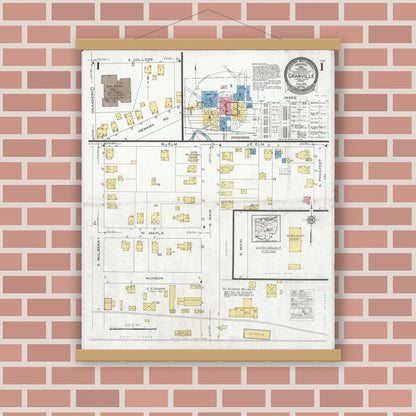 Old map wall art mockup — magnetic wood frame on brick wall — Sanborn Fire Insurance Map from Granville, Licking County, Ohio (1926), Sheet #0001