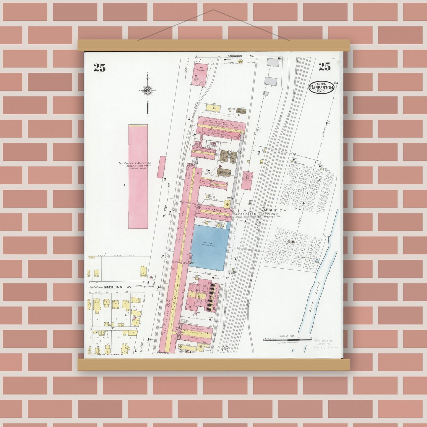Old map wall art mockup — magnetic wood frame on brick wall — Sanborn Fire Insurance Map from Barberton, Summit County, Ohio (1927), Sheet #0025