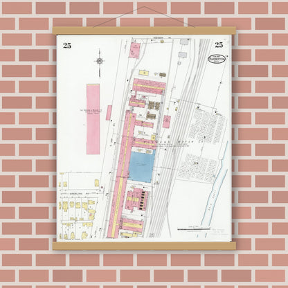Old map wall art mockup — magnetic wood frame on brick wall — Sanborn Fire Insurance Map from Barberton, Summit County, Ohio (1927), Sheet #0025