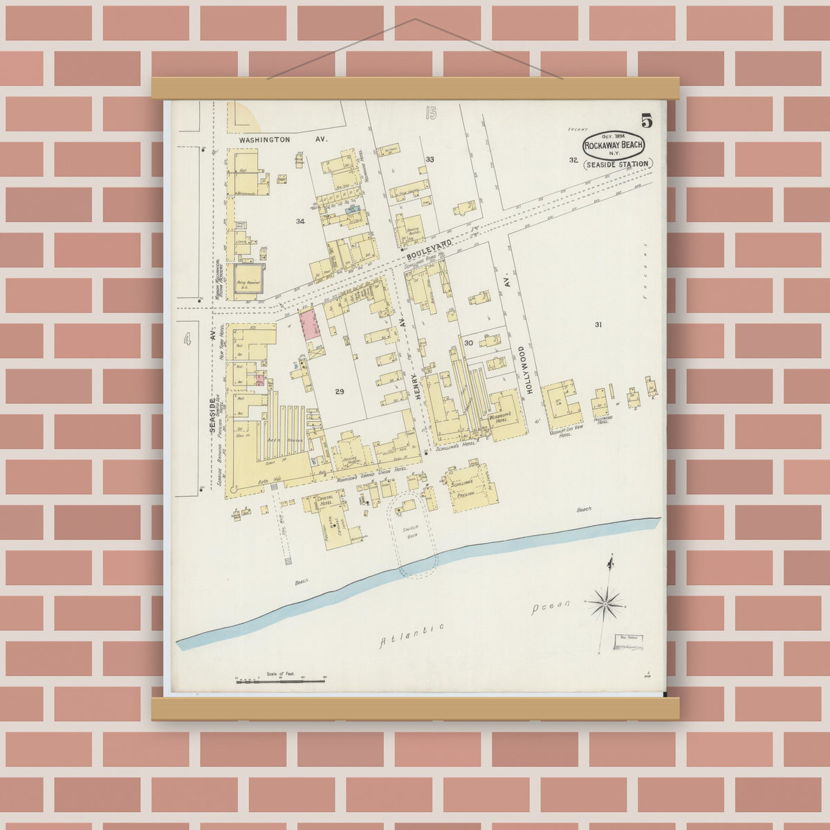Old map wall art mockup — magnetic wood frame on brick wall — Sanborn Fire Insurance Map from Rockaway Beach, Queens County, New York (1894), Sheet #0005