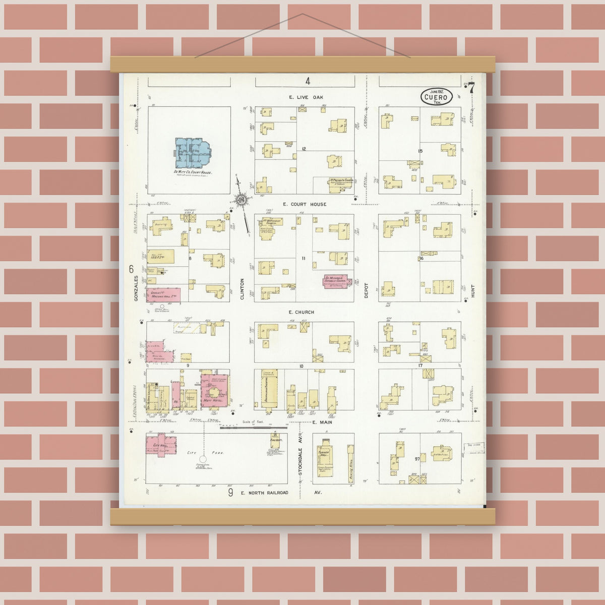 Old map wall art mockup — magnetic wood frame on brick wall — Sanborn Fire Insurance Map from Cuero, De Witt County, Texas (1912), Sheet #0007
