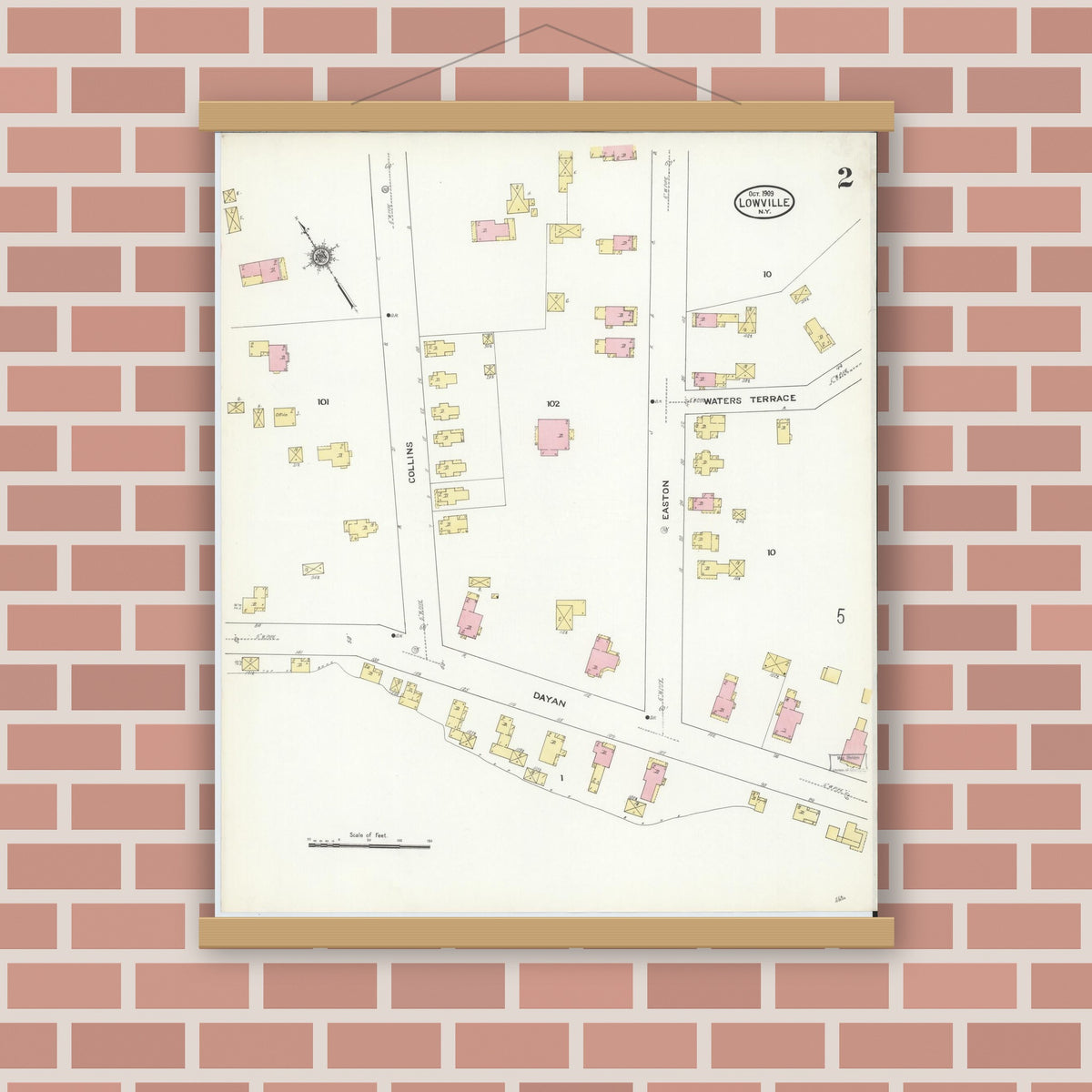 Old map wall art mockup — magnetic wood frame on brick wall — Sanborn Fire Insurance Map from Lowville, Lewis County, New York (1909), Sheet #0002