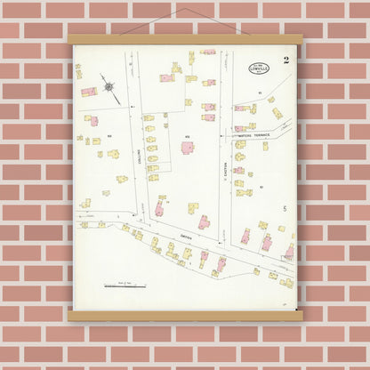 Old map wall art mockup — magnetic wood frame on brick wall — Sanborn Fire Insurance Map from Lowville, Lewis County, New York (1909), Sheet #0002