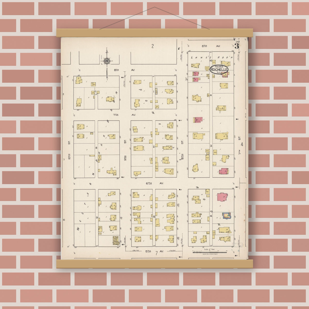 Old map wall art mockup — magnetic wood frame on brick wall — Sanborn Fire Insurance Map from Rochelle, Ogle County, Illinois (1922), Sheet #0003