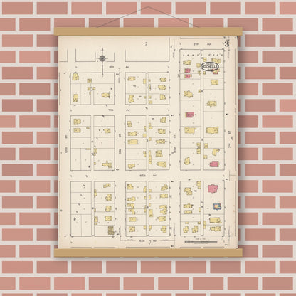 Old map wall art mockup — magnetic wood frame on brick wall — Sanborn Fire Insurance Map from Rochelle, Ogle County, Illinois (1922), Sheet #0003