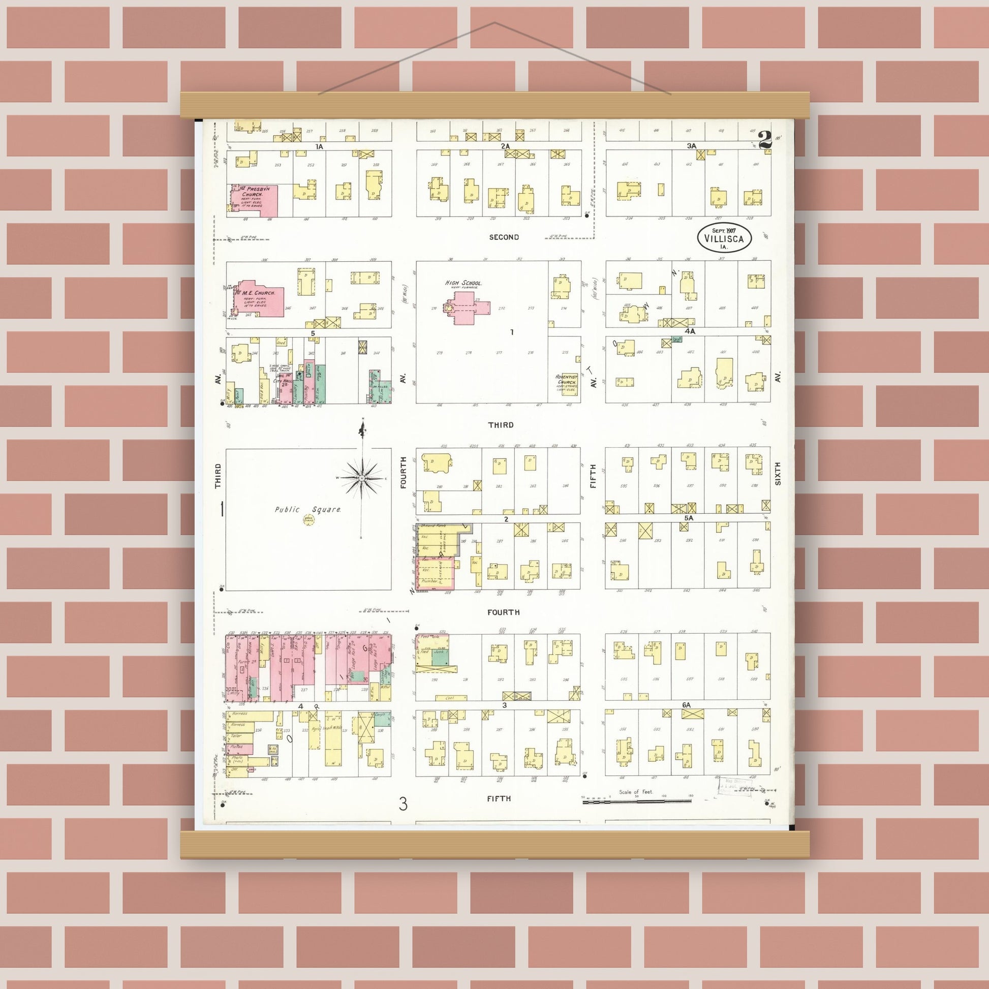 Old map wall art mockup — magnetic wood frame on brick wall — Sanborn Fire Insurance Map from Villisca, Montgomery County, Iowa (1907), Sheet #0002