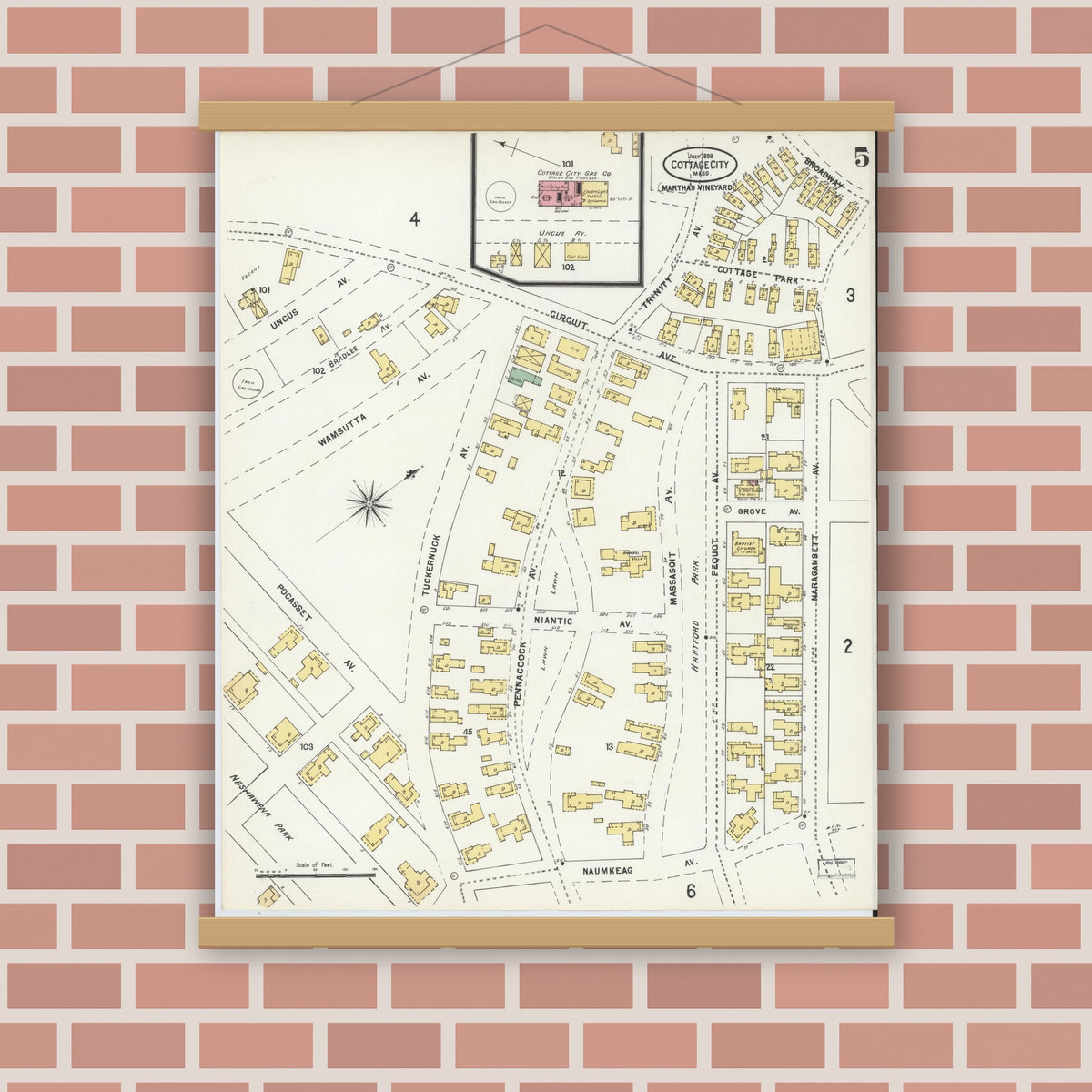 Old map wall art mockup — magnetic wood frame on brick wall — Sanborn Fire Insurance Map from Cottage City, Dukes County, Massachusetts (1898), Sheet #0005