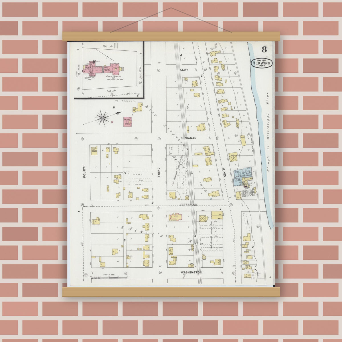 Old map wall art mockup — magnetic wood frame on brick wall — Sanborn Fire Insurance Map from Red Wing, Goodhue County, Minnesota (1895), Sheet #0008