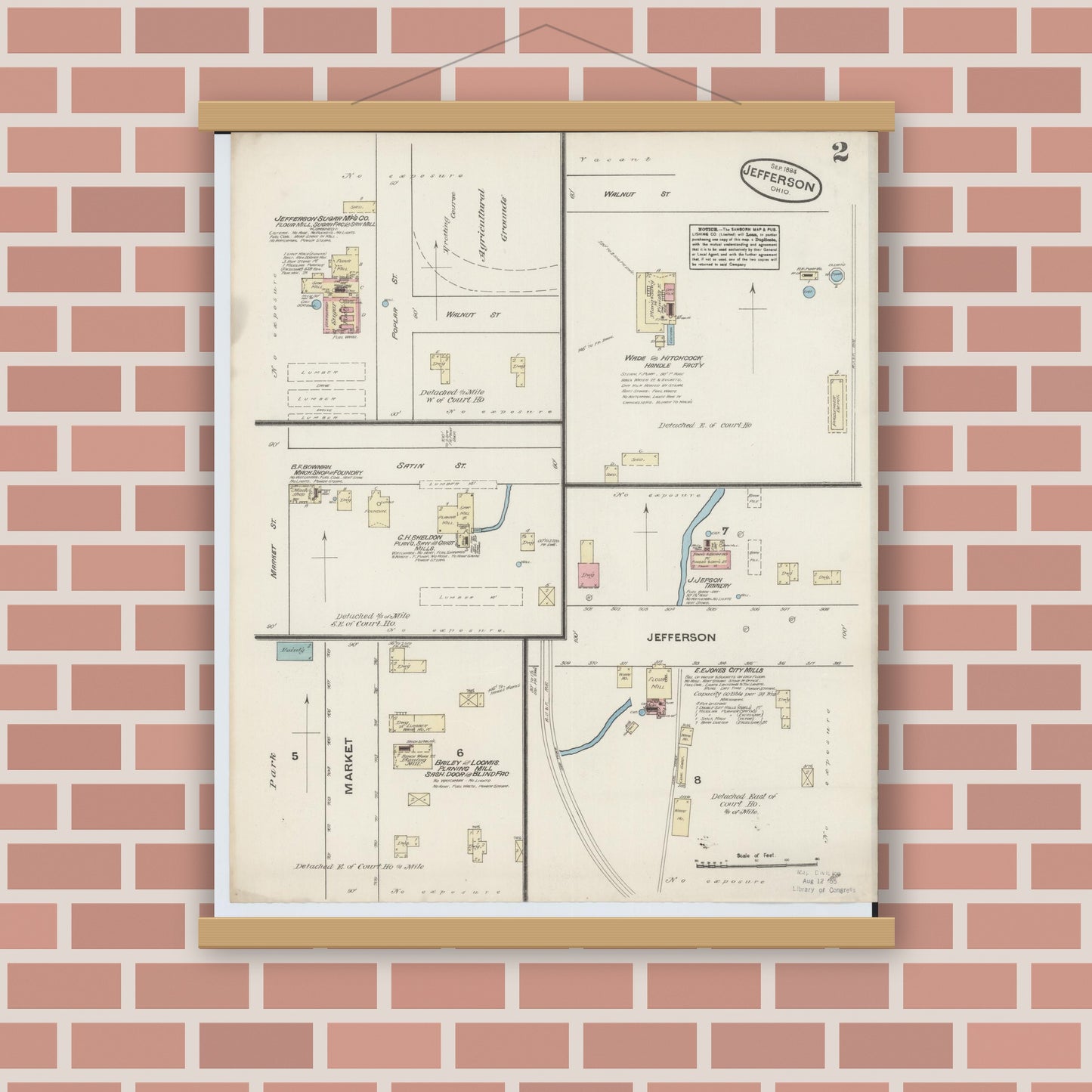 Old map wall art mockup — magnetic wood frame on brick wall — Sanborn Fire Insurance Map from Jefferson, Ashtabula County, Ohio (1884), Sheet #0002