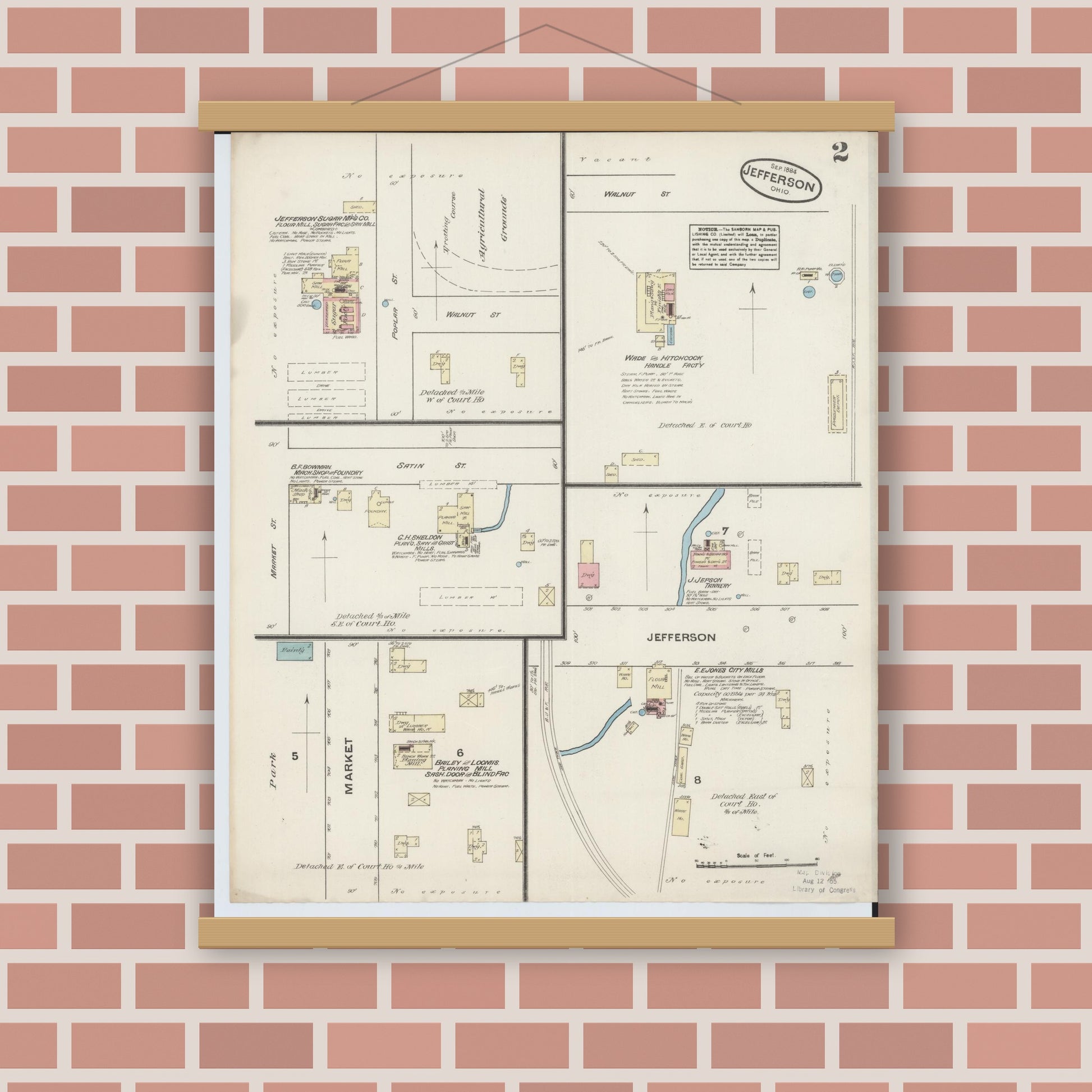 Old map wall art mockup — magnetic wood frame on brick wall — Sanborn Fire Insurance Map from Jefferson, Ashtabula County, Ohio (1884), Sheet #0002