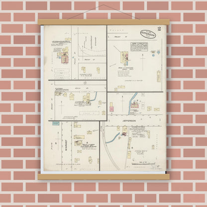 Old map wall art mockup — magnetic wood frame on brick wall — Sanborn Fire Insurance Map from Jefferson, Ashtabula County, Ohio (1884), Sheet #0002