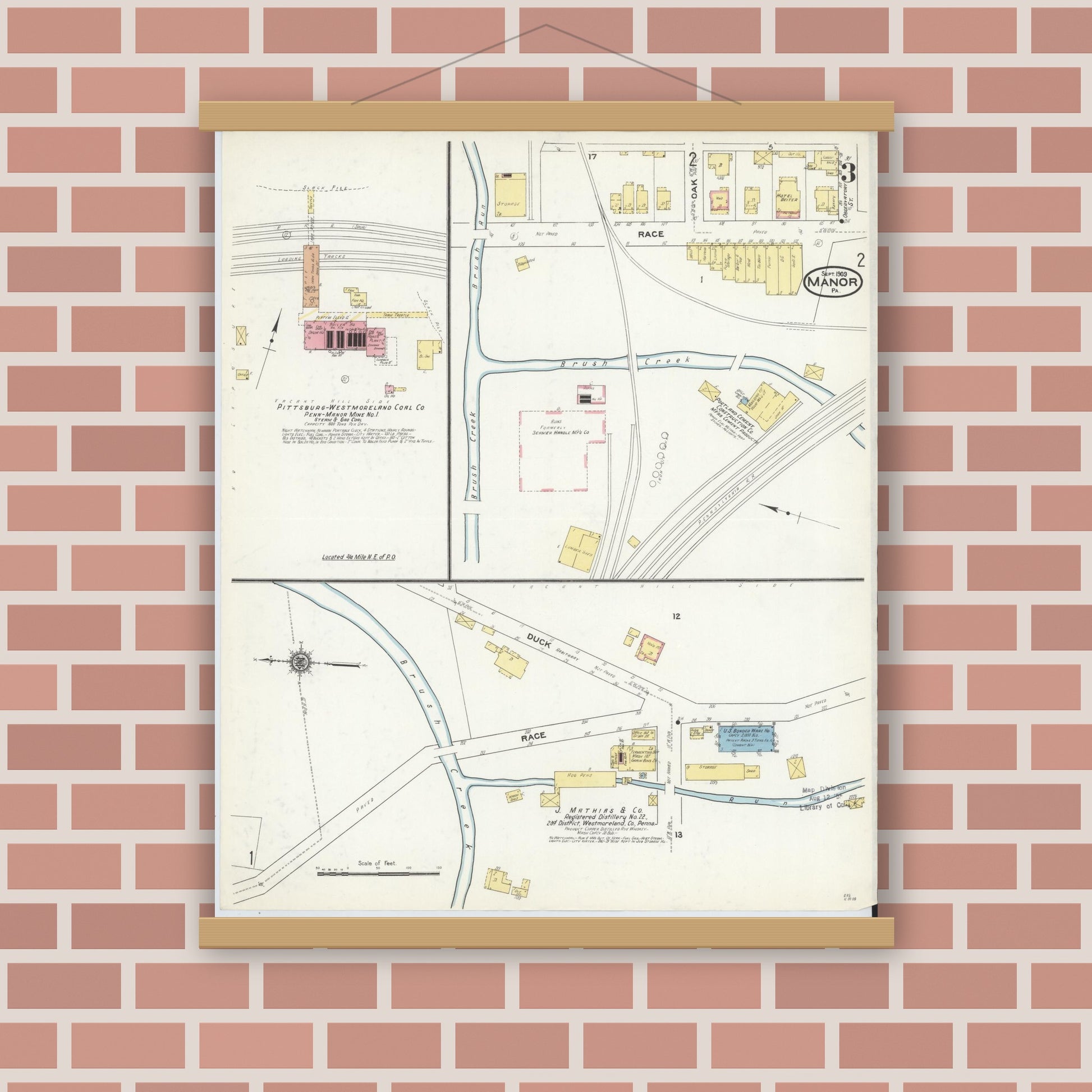 Old map wall art mockup — magnetic wood frame on brick wall — Sanborn Fire Insurance Map from Manor, Westmoreland County, Pennsylvania (1909), Sheet #0003