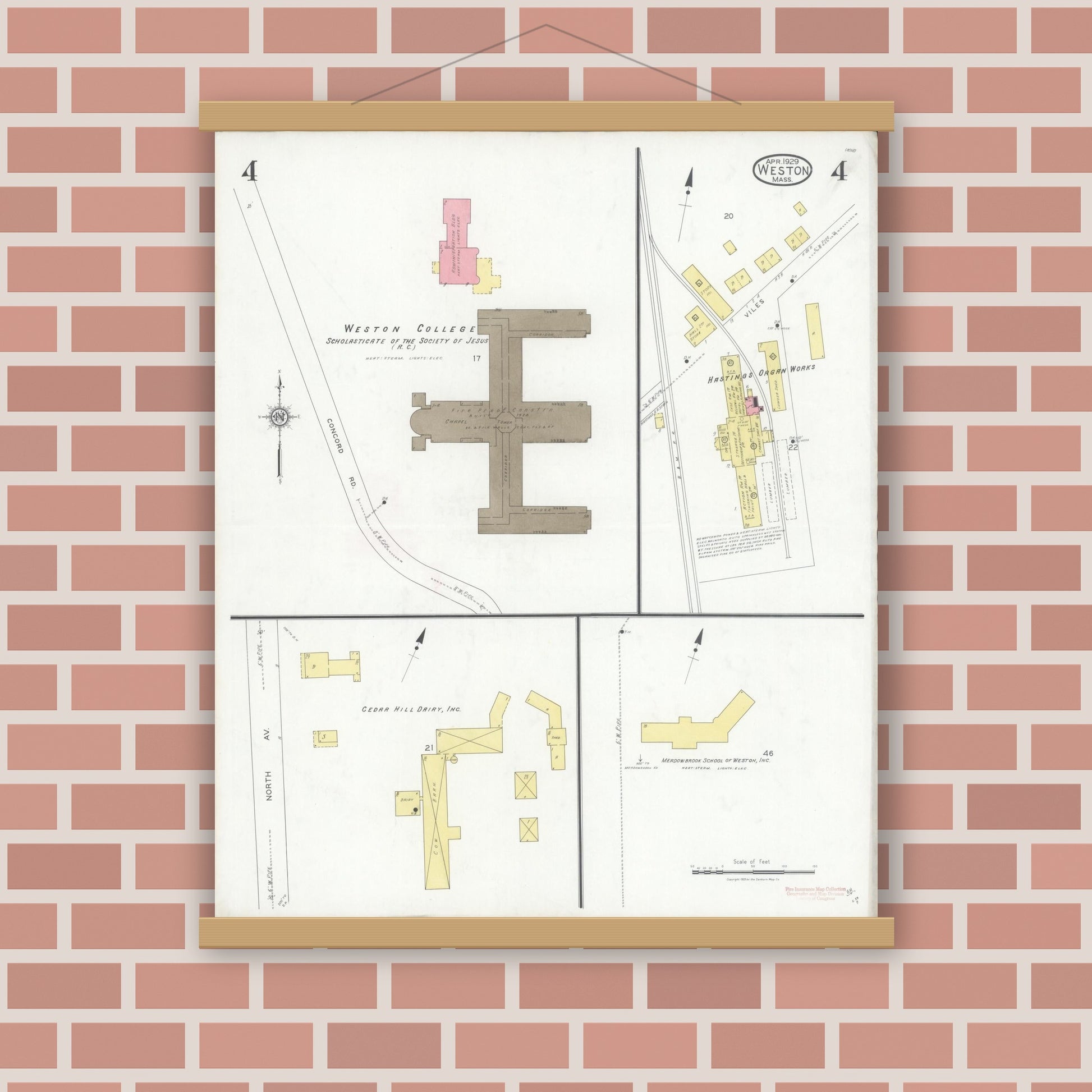 Old map wall art mockup — magnetic wood frame on brick wall — Sanborn Fire Insurance Map from Weston, Middlesex County, Massachusetts (1929), Sheet #0004