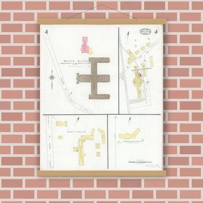 Old map wall art mockup — magnetic wood frame on brick wall — Sanborn Fire Insurance Map from Weston, Middlesex County, Massachusetts (1929), Sheet #0004