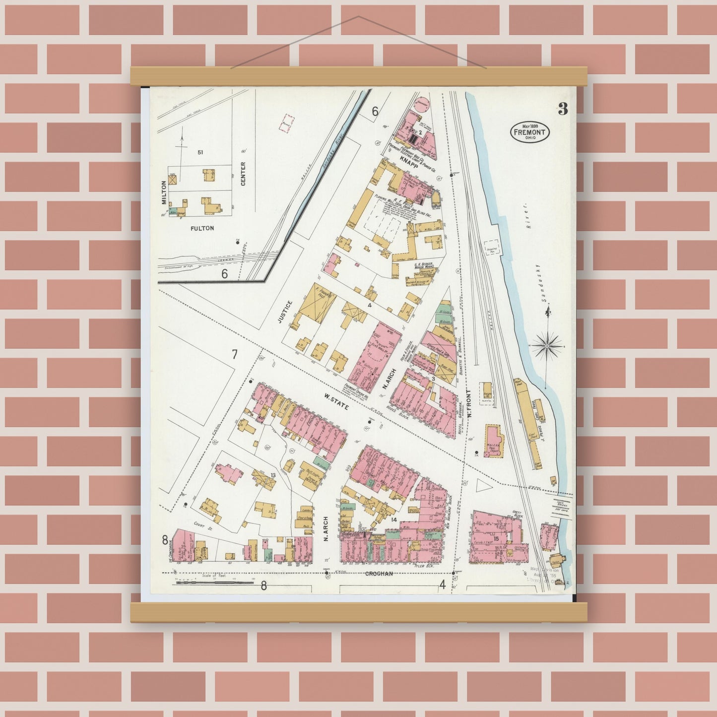 Old map wall art mockup — magnetic wood frame on brick wall — Sanborn Fire Insurance Map from Fremont, Sandusky County, Ohio (1899), Sheet #0003