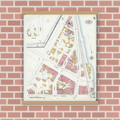 Old map wall art mockup — magnetic wood frame on brick wall — Sanborn Fire Insurance Map from Fremont, Sandusky County, Ohio (1899), Sheet #0003