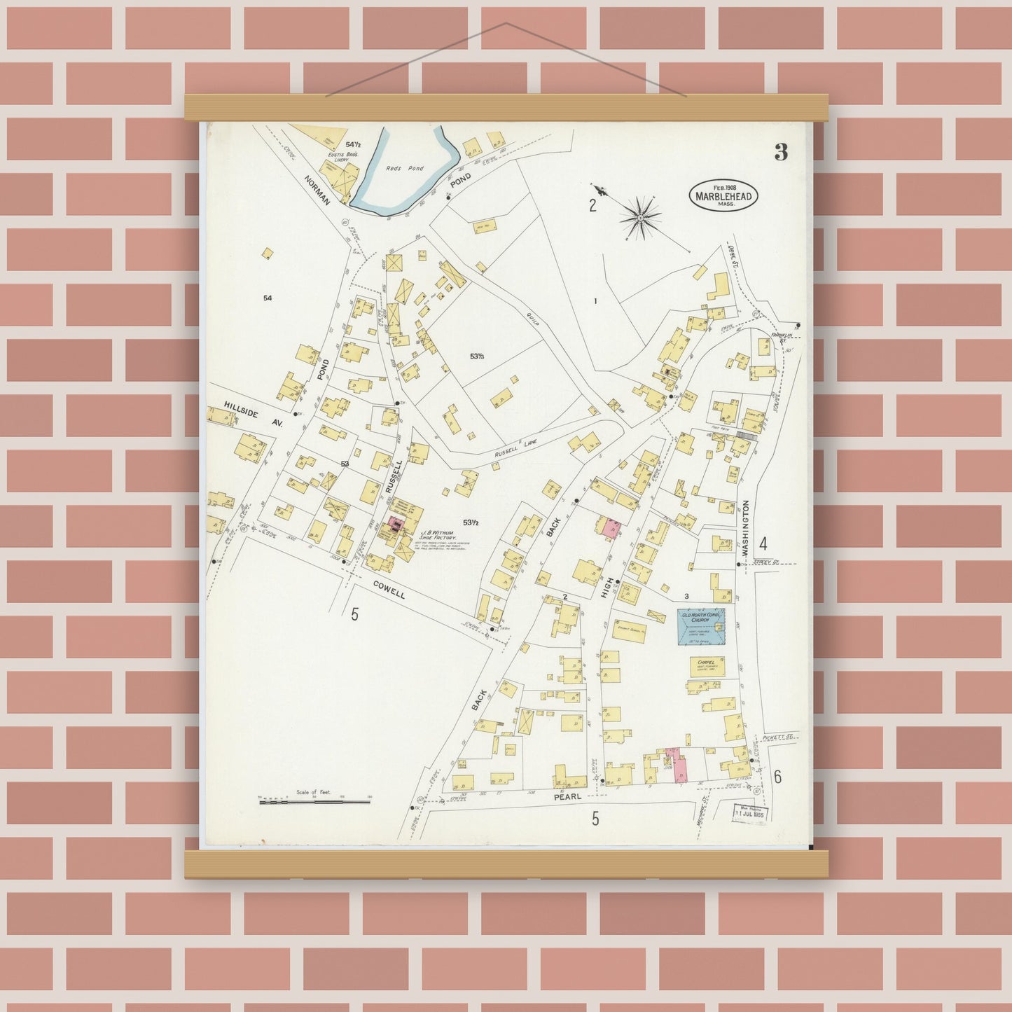 Old map wall art mockup — magnetic wood frame on brick wall — Sanborn Fire Insurance Map from Marblehead, Essex County, Massachusetts (1908), Sheet #0003