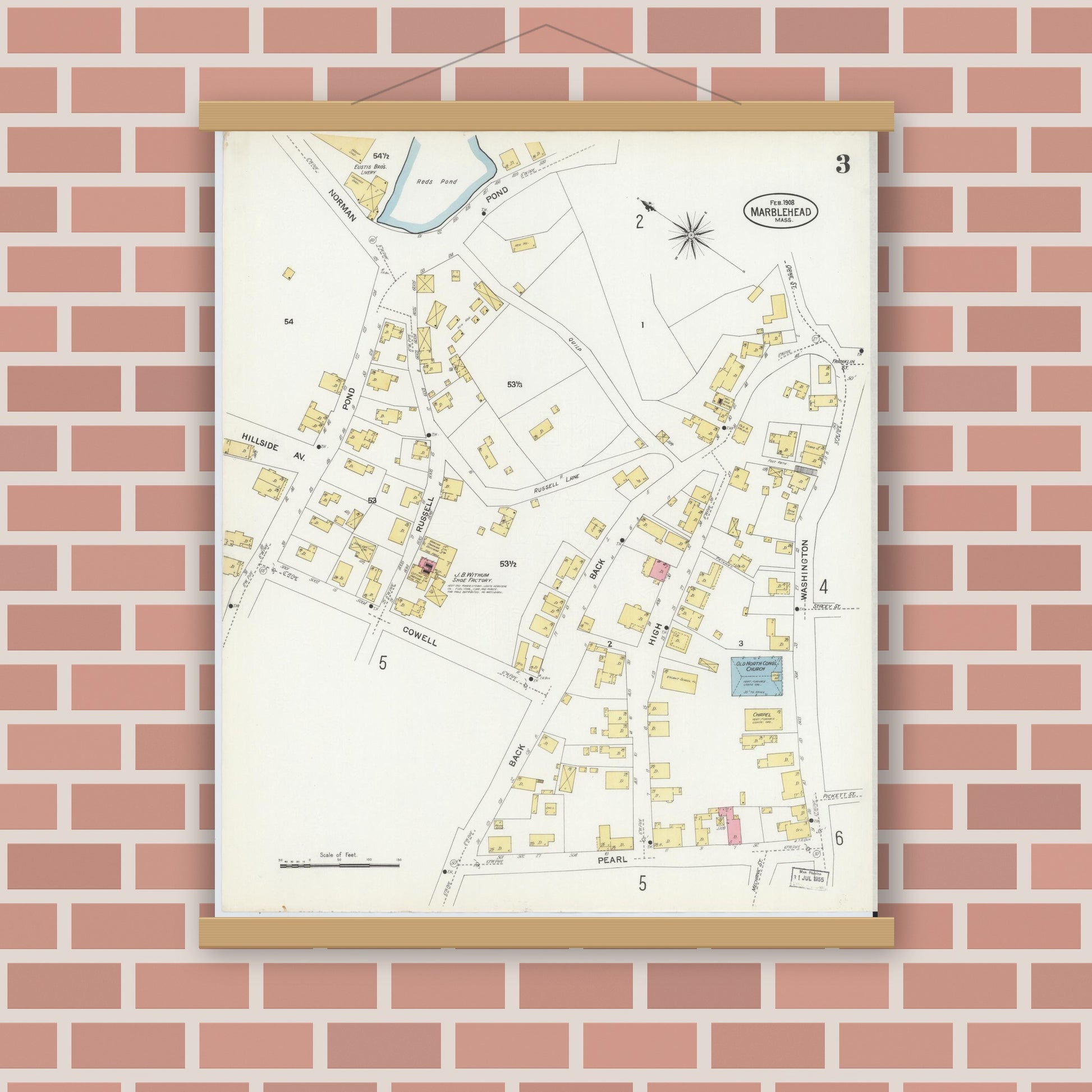 Old map wall art mockup — magnetic wood frame on brick wall — Sanborn Fire Insurance Map from Marblehead, Essex County, Massachusetts (1908), Sheet #0003