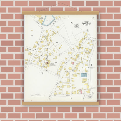 Old map wall art mockup — magnetic wood frame on brick wall — Sanborn Fire Insurance Map from Marblehead, Essex County, Massachusetts (1908), Sheet #0003