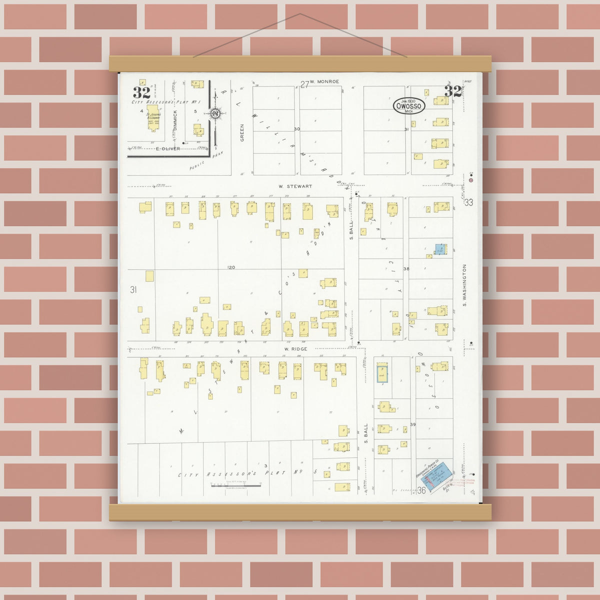 Old map wall art mockup — magnetic wood frame on brick wall — Sanborn Fire Insurance Map from Owosso, Shiawassee County, Michigan (1930), Sheet #0032