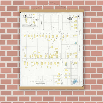 Old map wall art mockup — magnetic wood frame on brick wall — Sanborn Fire Insurance Map from Owosso, Shiawassee County, Michigan (1930), Sheet #0032