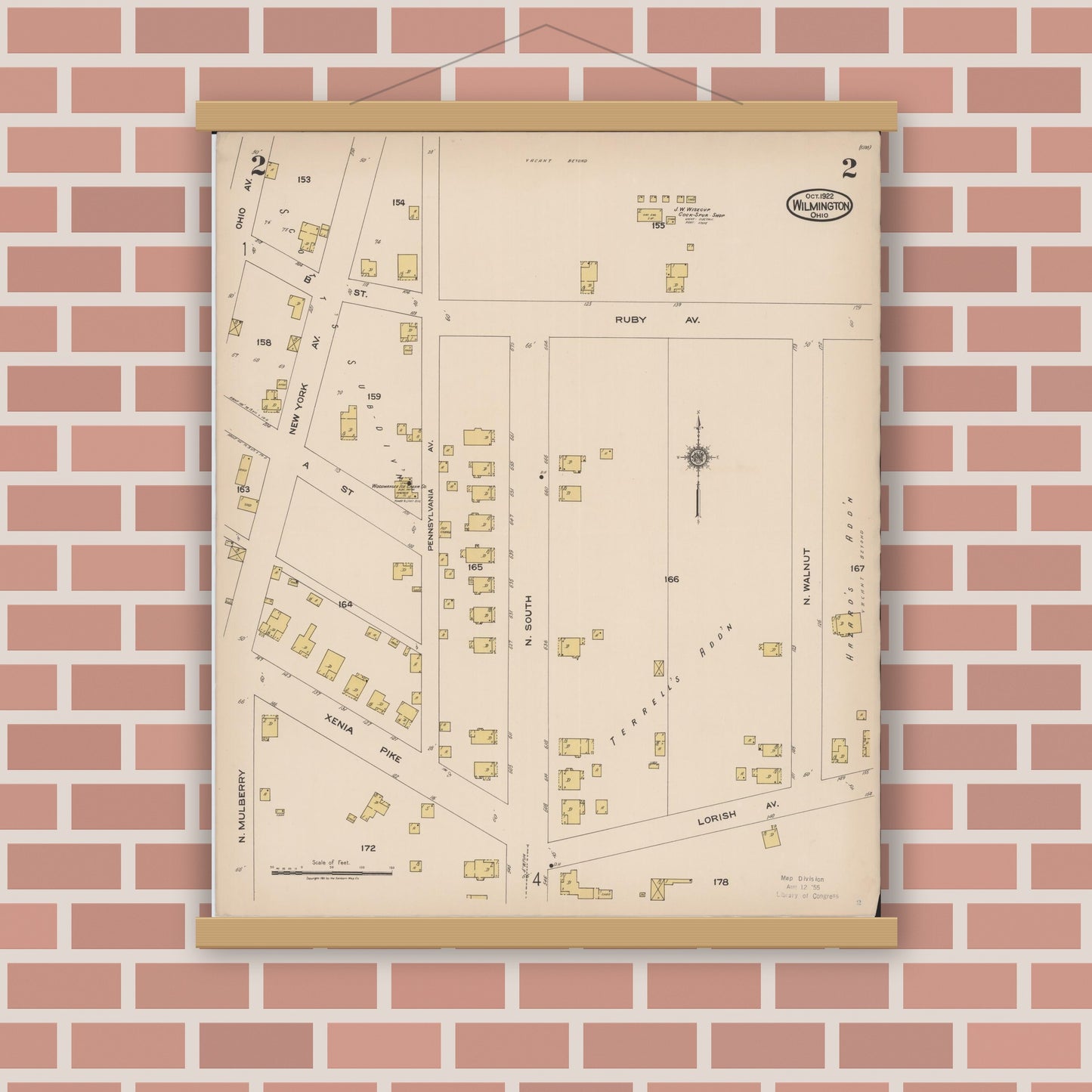 Old map wall art mockup — magnetic wood frame on brick wall — Sanborn Fire Insurance Map from Wilmington, Clinton County, Ohio (1922), Sheet #0002